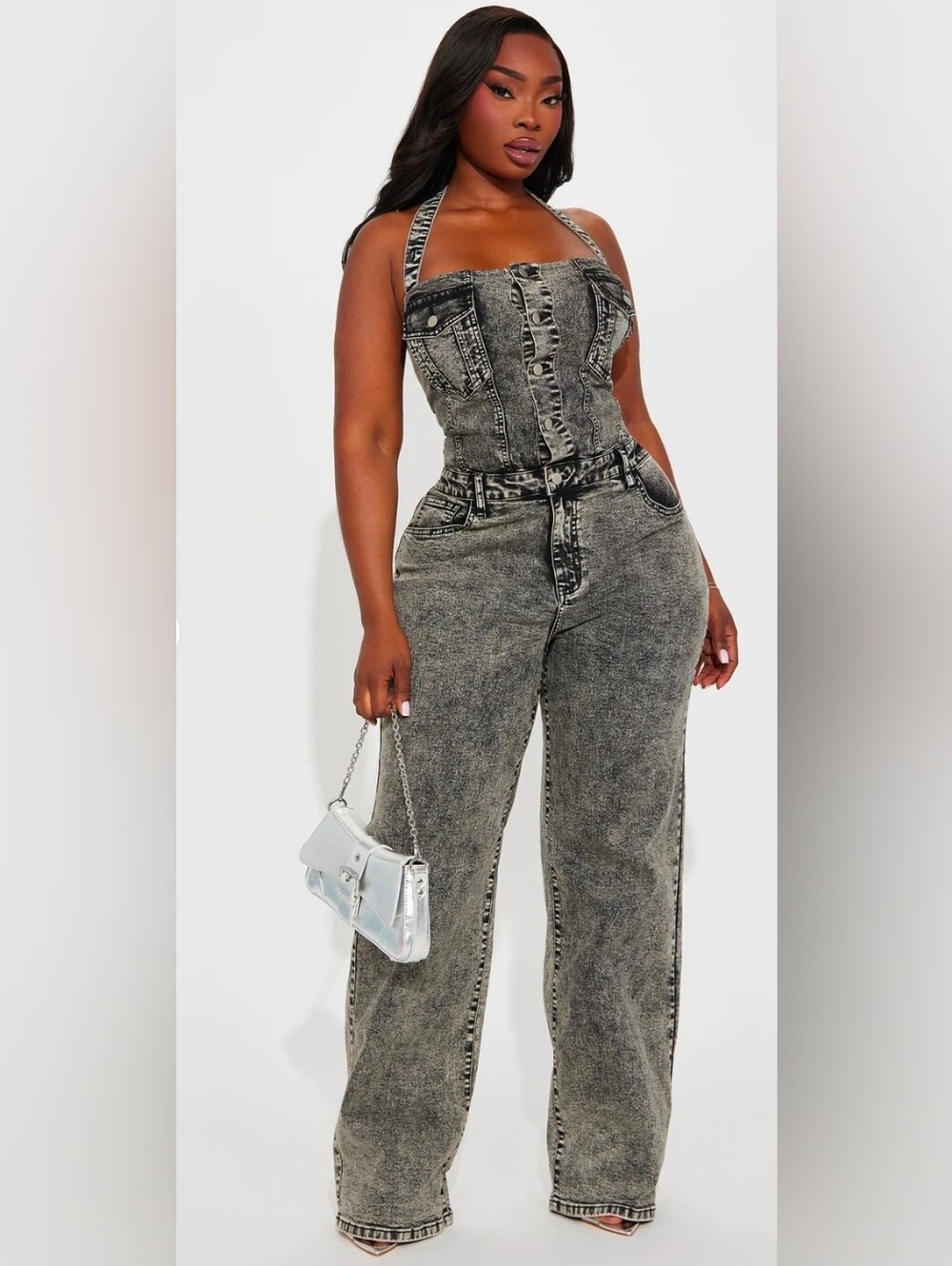 Acid Wash Wide-Leg Women’s Jeans Jumpsuit - Gray